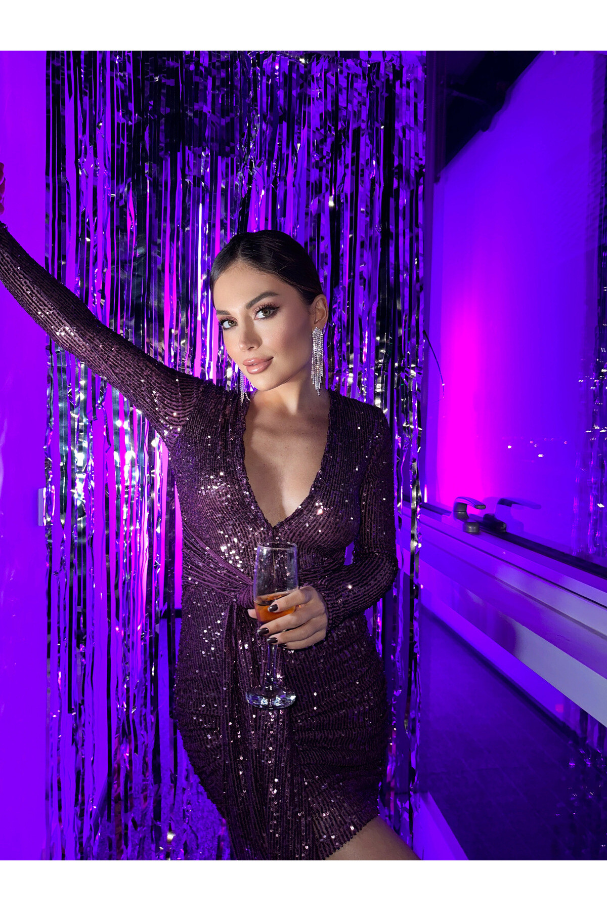 Hills Party Collection mor C Yaka Payetli Elbise Mor