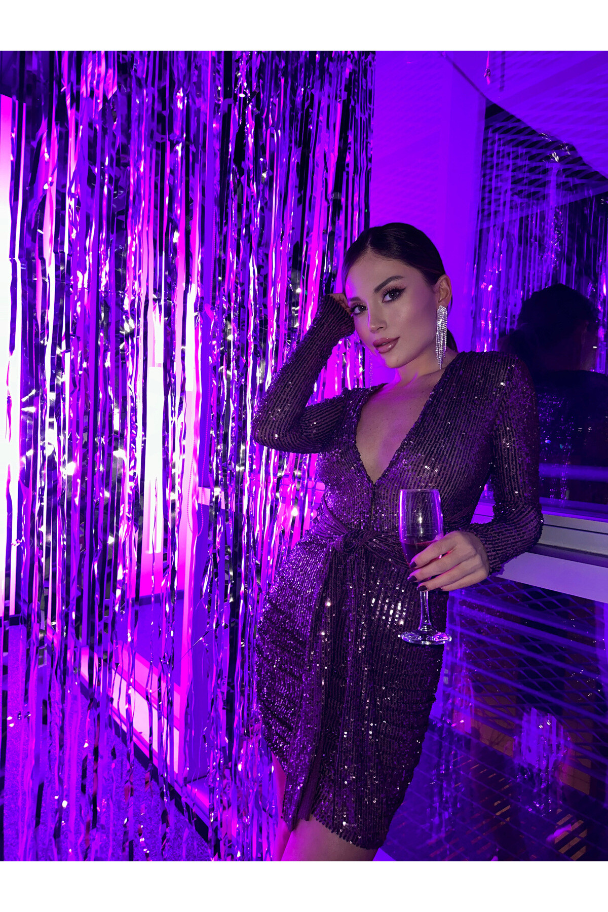 Hills Party Collection mor C Yaka Payetli Elbise Mor