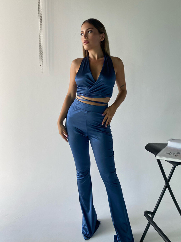 Kadın Bağlamalı Detay Bluz Saten Viskon Kumaş Takım Mavi