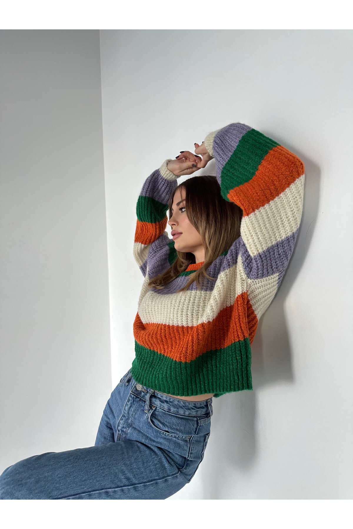 Kadın Bisiklet Yaka Çizgili Triko Kazak  Renkli