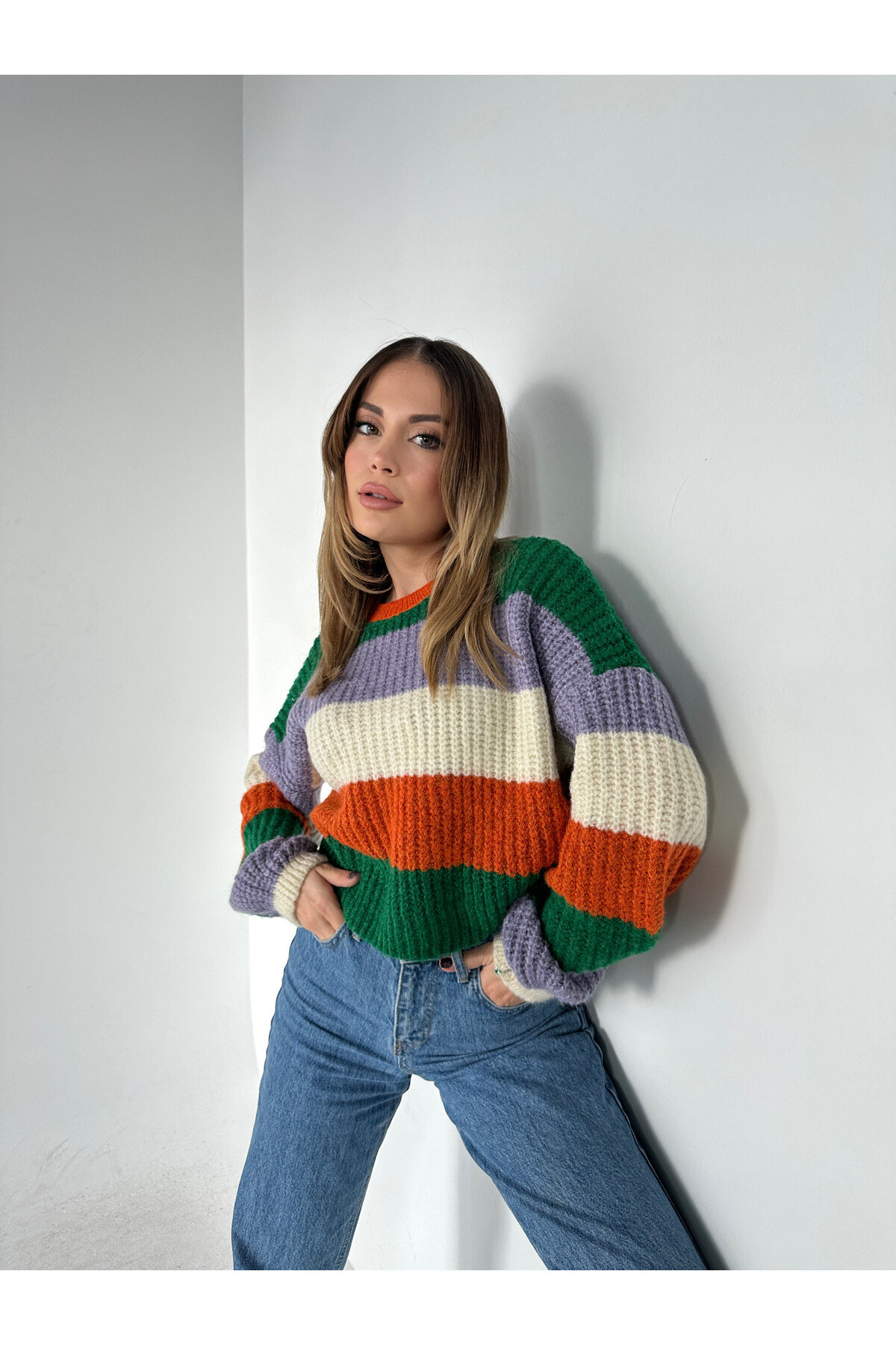 Kadın Bisiklet Yaka Çizgili Triko Kazak  Renkli