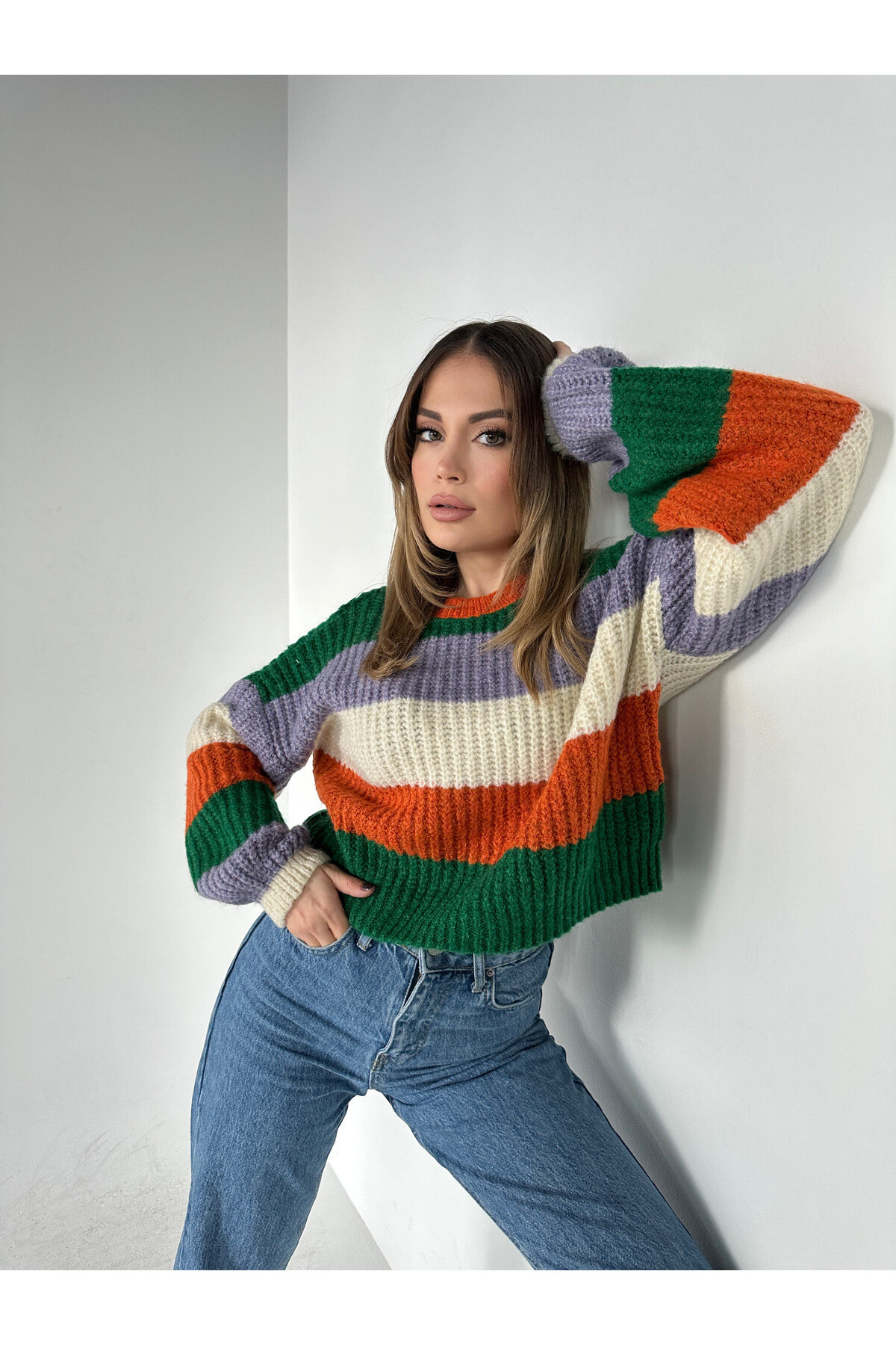 Kadın Bisiklet Yaka Çizgili Triko Kazak  Renkli