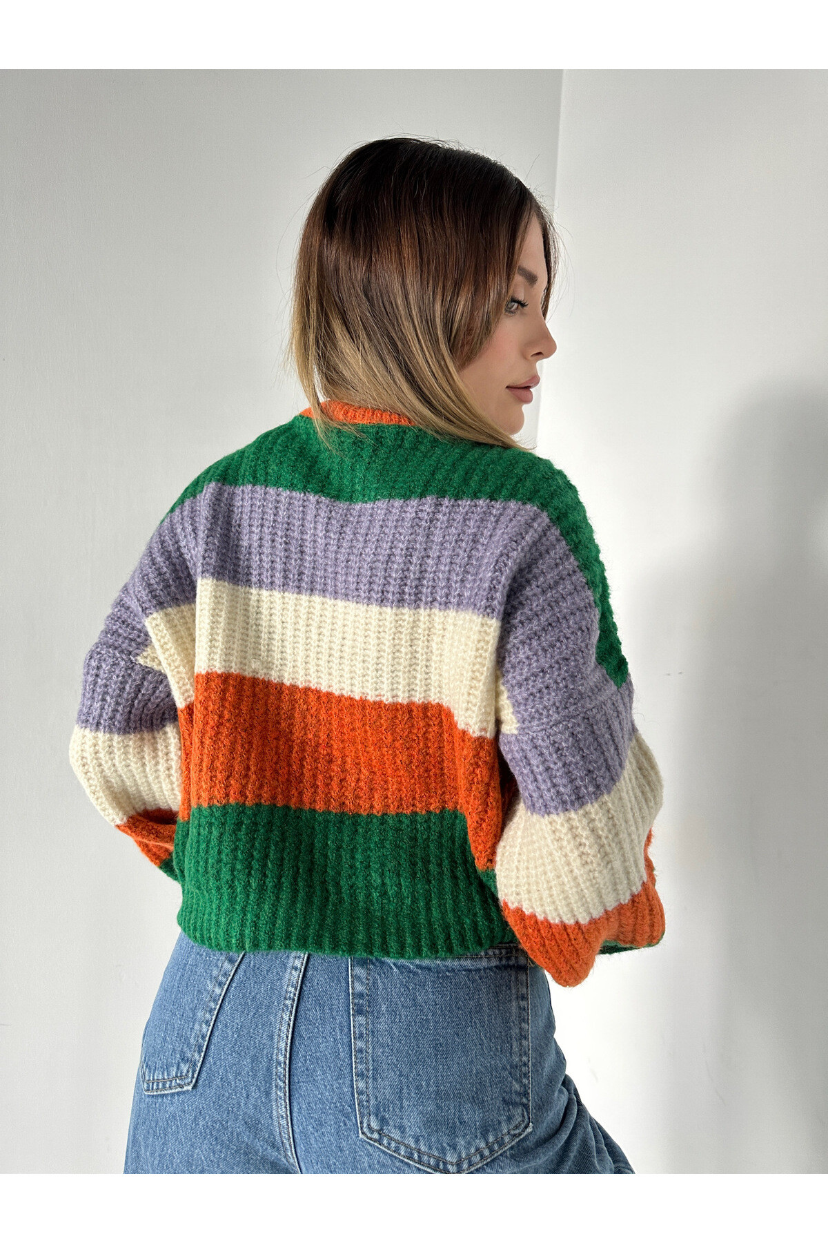 Kadın Bisiklet Yaka Çizgili Triko Kazak  Renkli