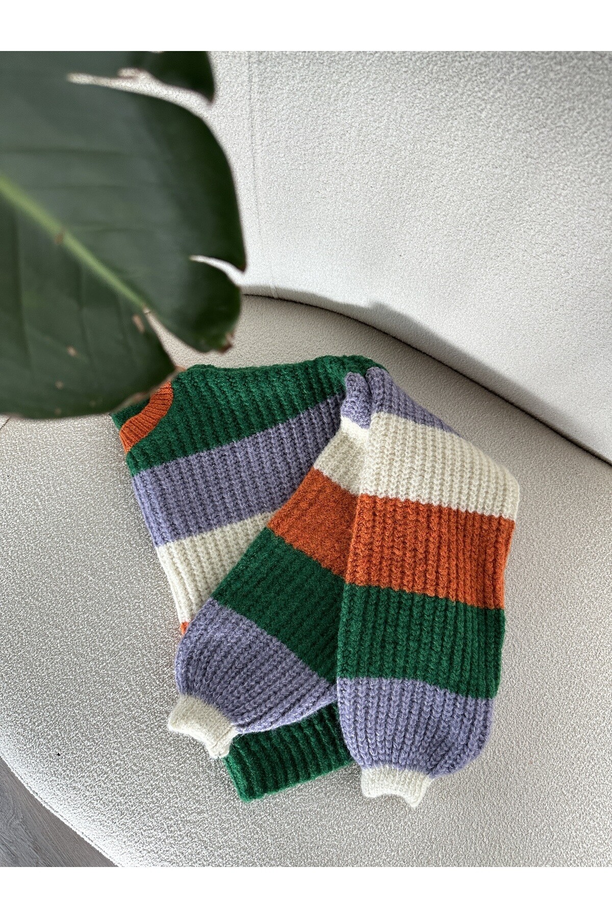 Kadın Bisiklet Yaka Çizgili Triko Kazak  Renkli