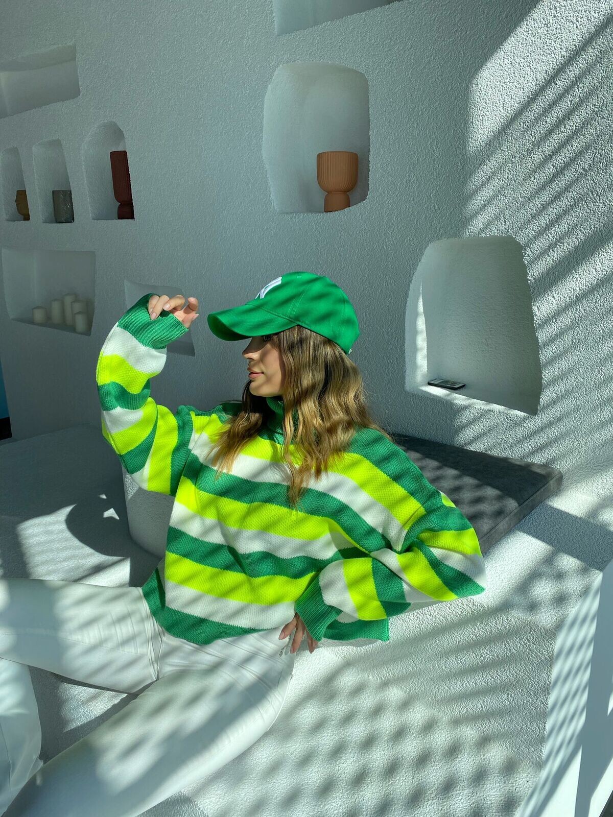 Kadın Çizgili Oversize Kazak Açık Yeşil