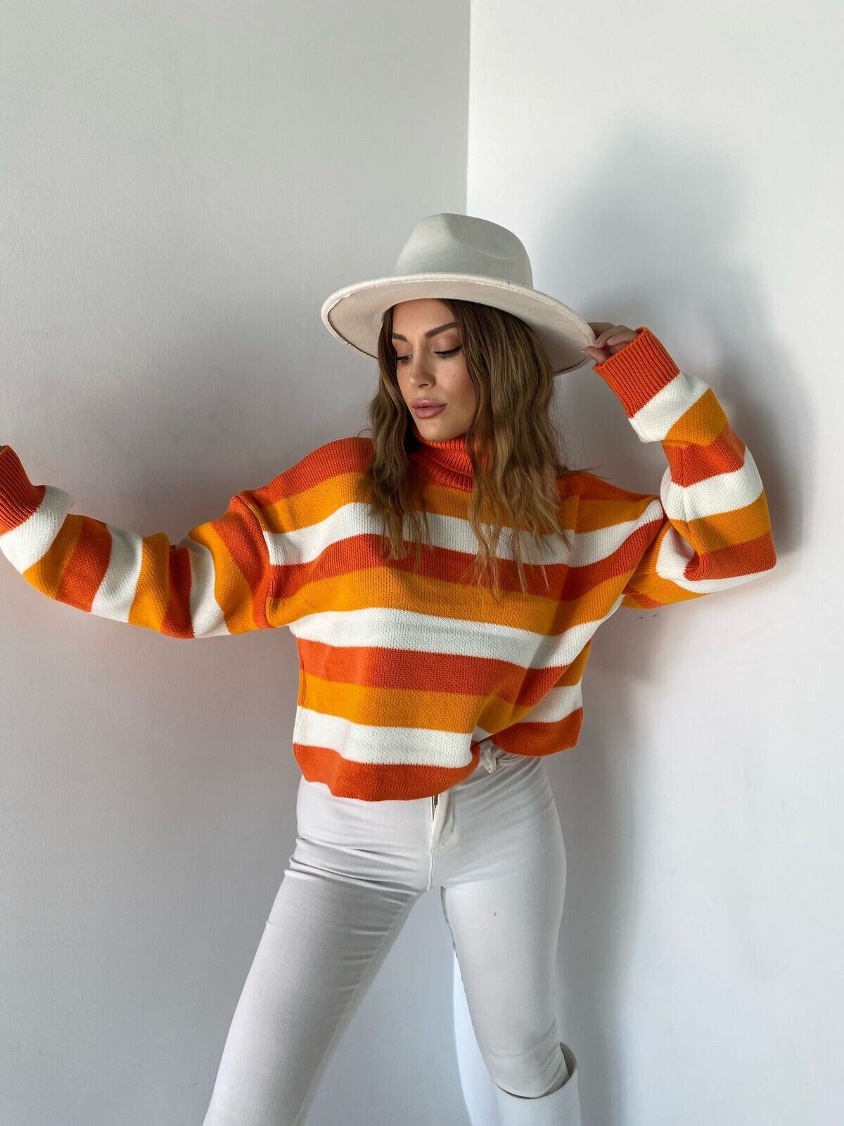 Kadın Çizgili Oversize Kazak Turuncu