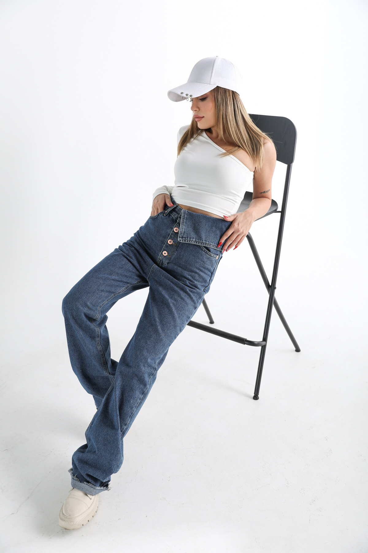 Kadın Dalgıç Kumaş Tek Omuz Bel Pencere Detay Bluz Beyaz