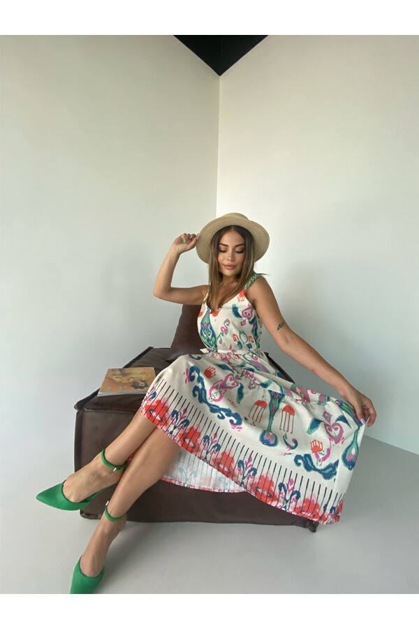 Kadın Desenli Keten Kumaş Astarlı Elbise 