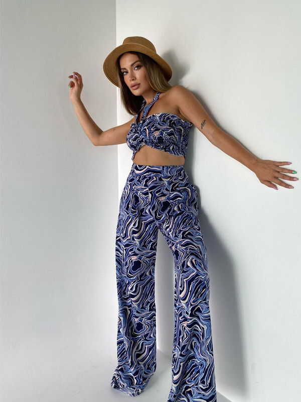 Kadın Desenli Palazzo Pantolon Büstiyer Takım 