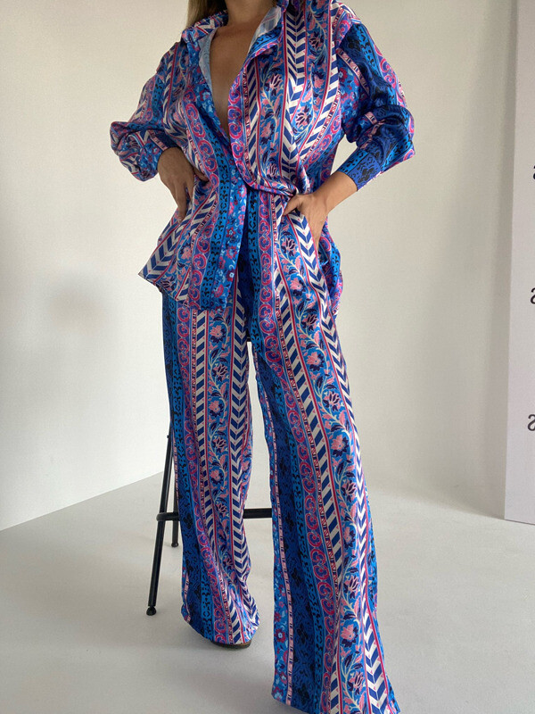 Kadın Desenli Yüksek Bel Pantolon Gömlek Takım 