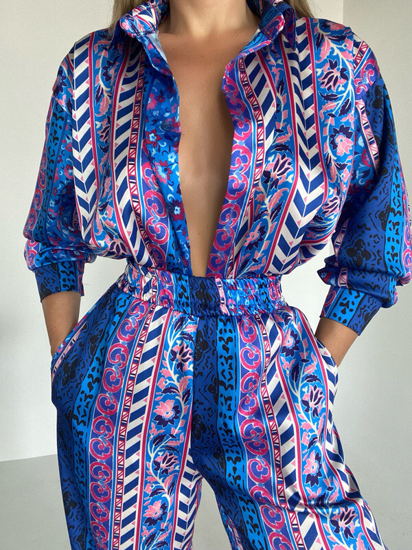 Kadın Desenli Yüksek Bel Pantolon Gömlek Takım 