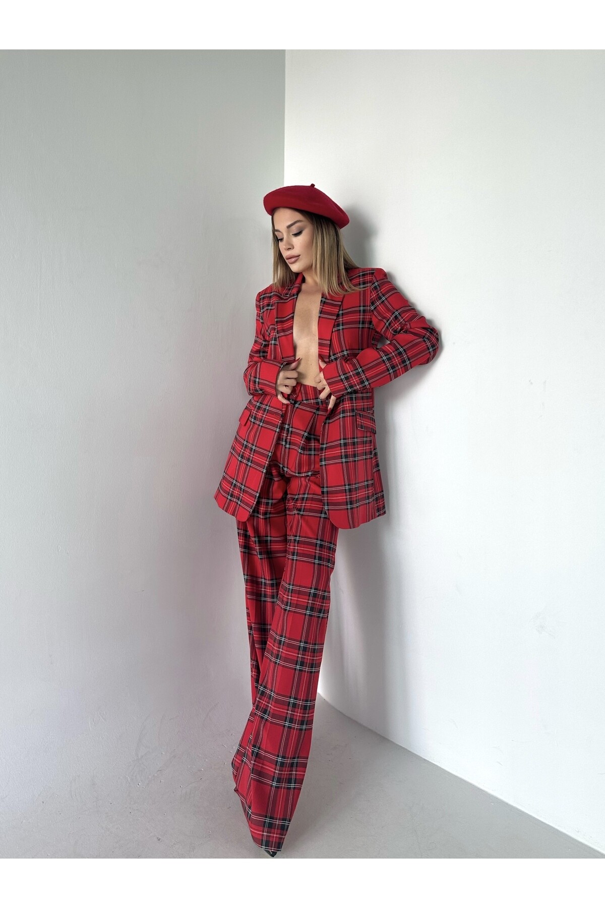 Kadın Ekose Desen Astarlı Blazer Ceket Takım Kırmızı