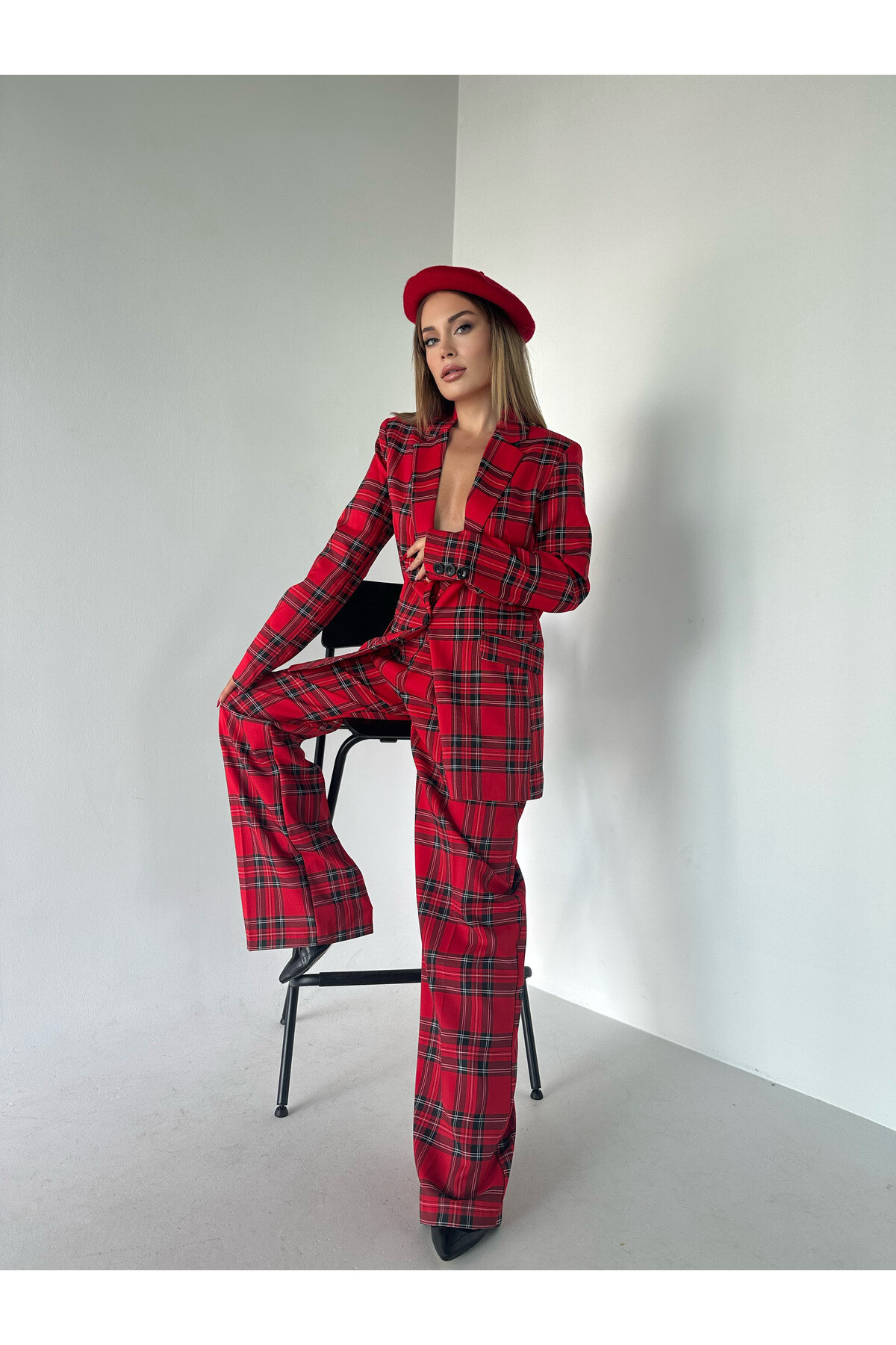 Kadın Ekose Desen Astarlı Blazer Ceket Takım Kırmızı