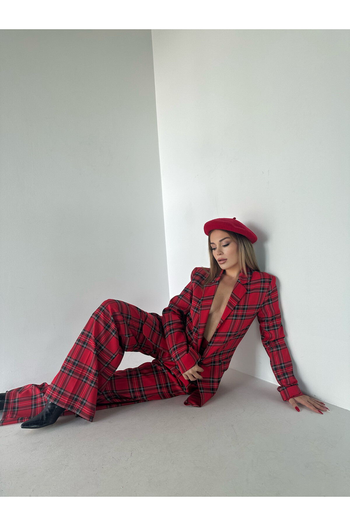 Kadın Ekose Desen Astarlı Blazer Ceket Takım Kırmızı