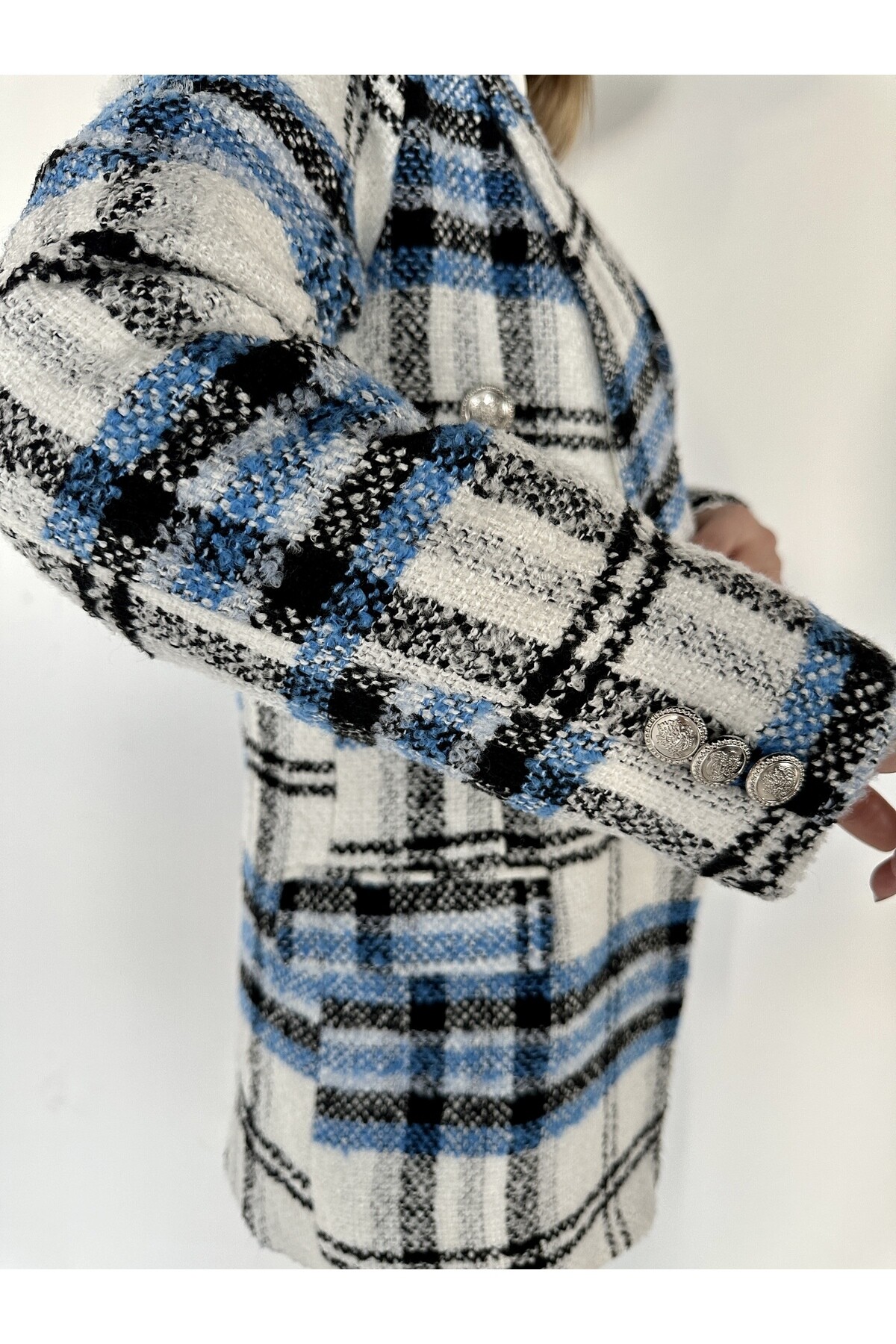 Kadın Ekose Desenli Düğme Detay Astarlı Tüvit Blazer Ceket  Mavi Beyaz