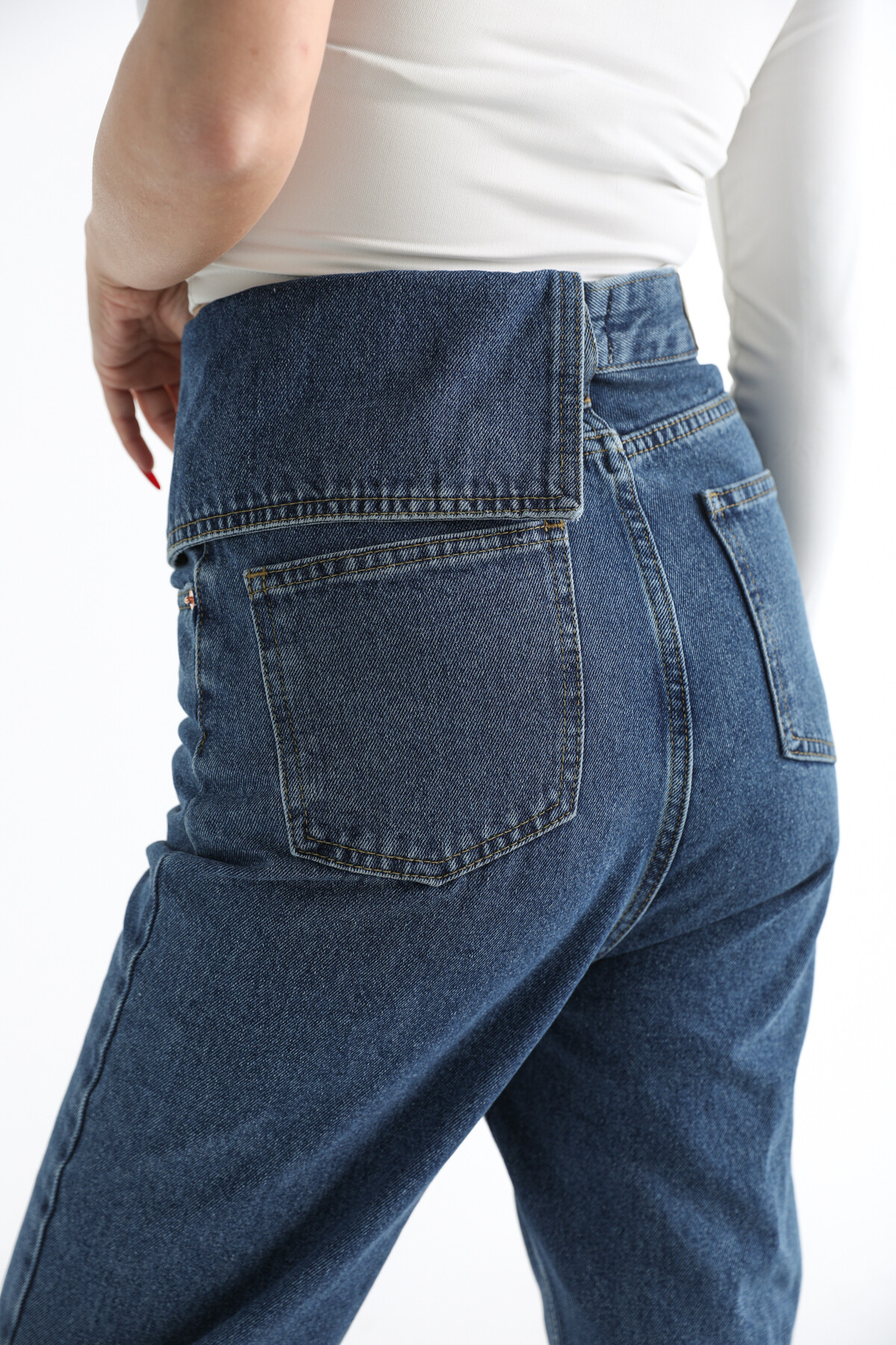 Kadın Ekstra Yüksek Bel Düğmeli Yandan Katlamalı Jean  Mavi