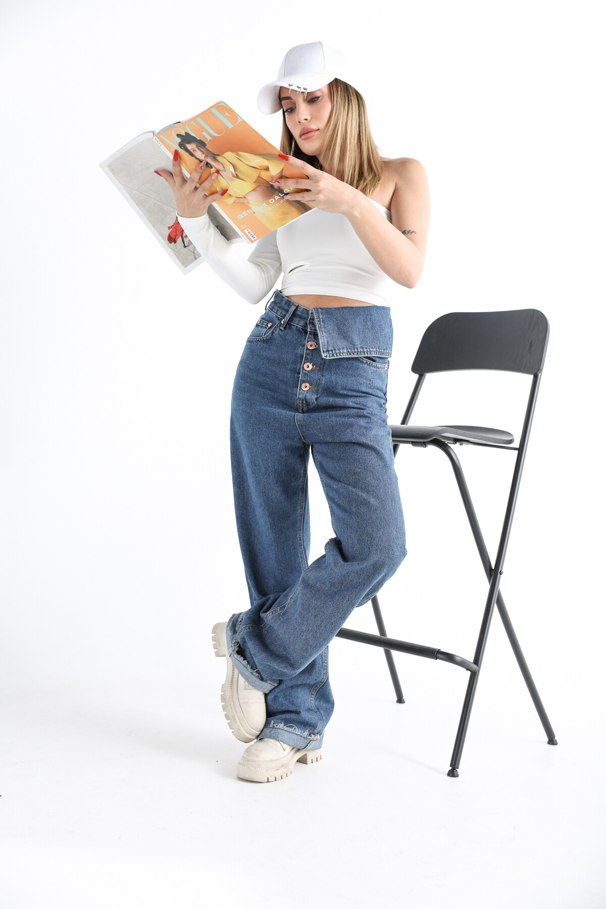 Kadın Ekstra Yüksek Bel Düğmeli Yandan Katlamalı Jean  Mavi