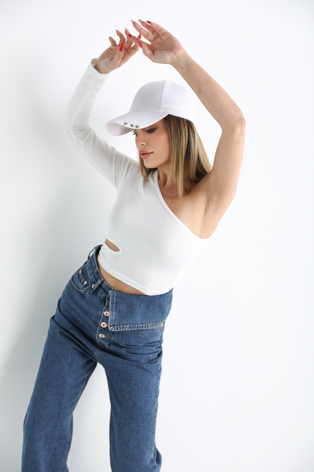 Kadın Ekstra Yüksek Bel Düğmeli Yandan Katlamalı Jean  Mavi