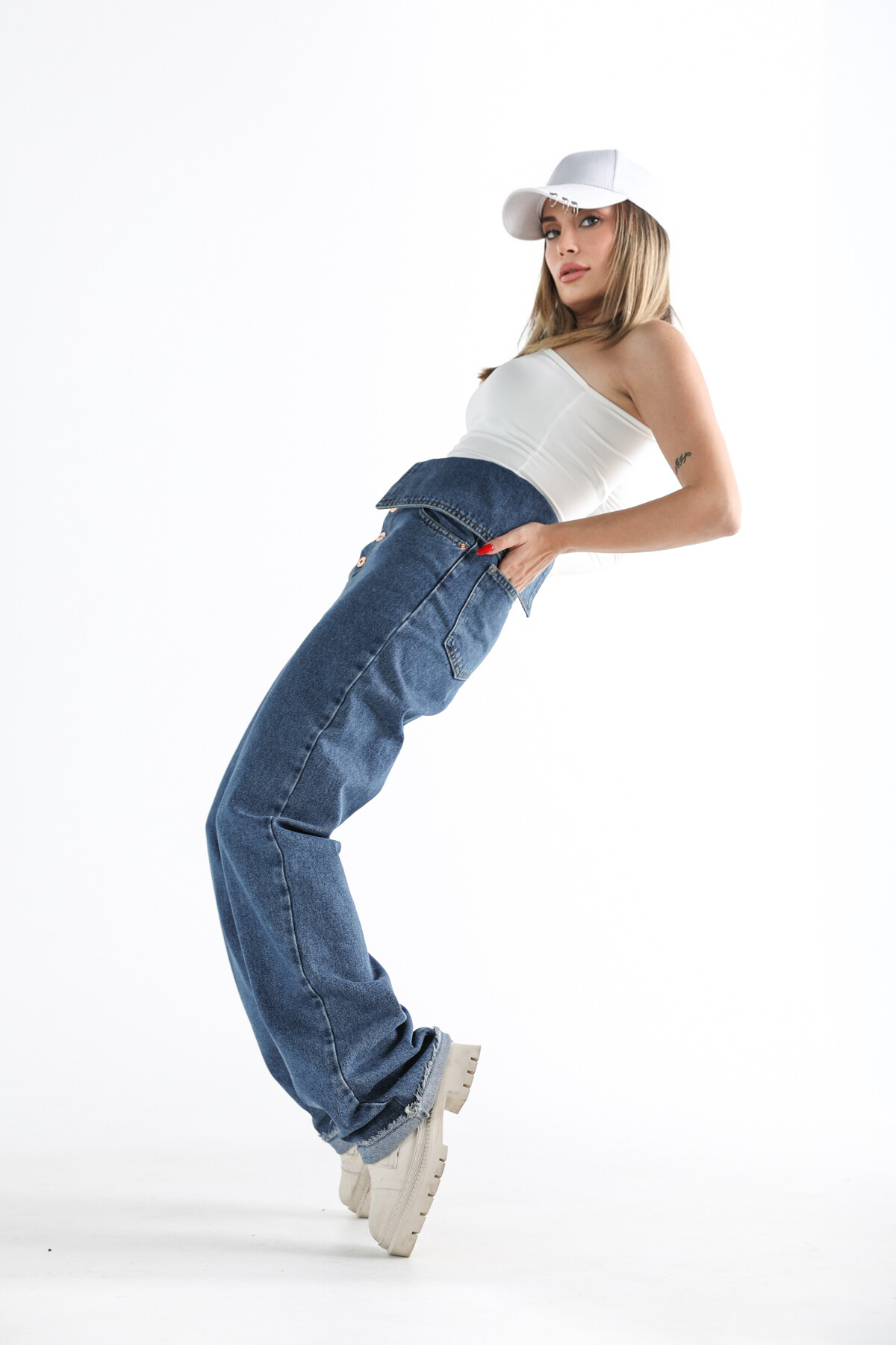 Kadın Ekstra Yüksek Bel Düğmeli Yandan Katlamalı Jean  Mavi