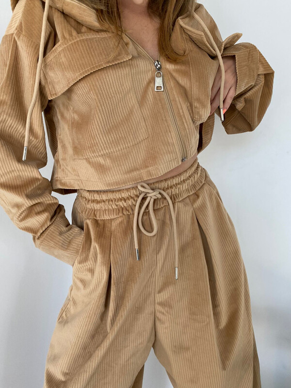 Kadın Fitilli Cepli Lastikli Yüksek Bel Kapüşonlu Takım Camel