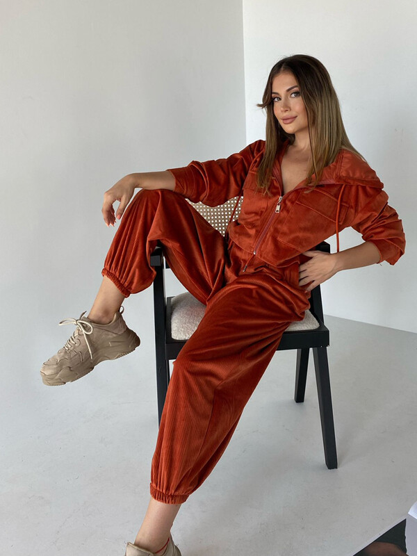 Kadın Fitilli Cepli Lastikli Yüksek Bel Kapüşonlu Takım Kiremit