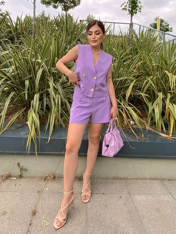 Kadın Gold Düğme Detaylı Yelek Şort Takım Lila