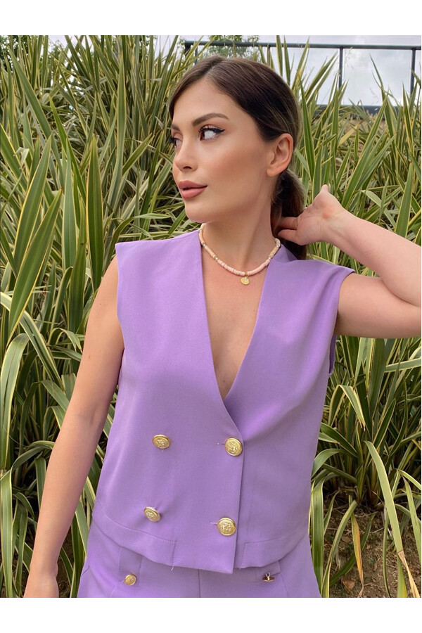 Kadın Gold Düğme Detaylı Yelek Şort Takım Lila