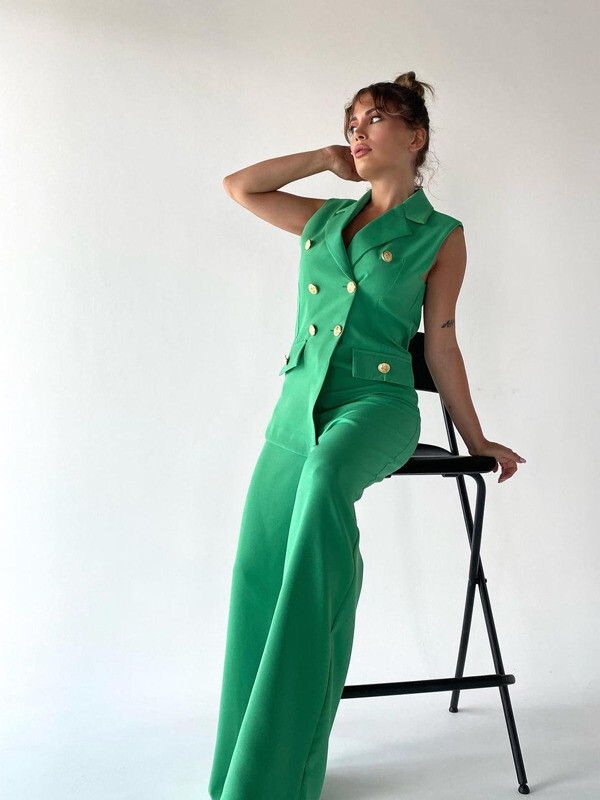 Kadın Gols Düğme Detay Yelek Tulum Yeşil