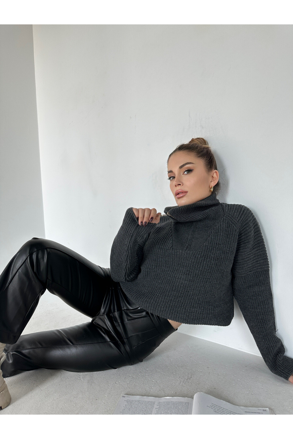 Kadın Gri Selanik Fermuarlı Kazak