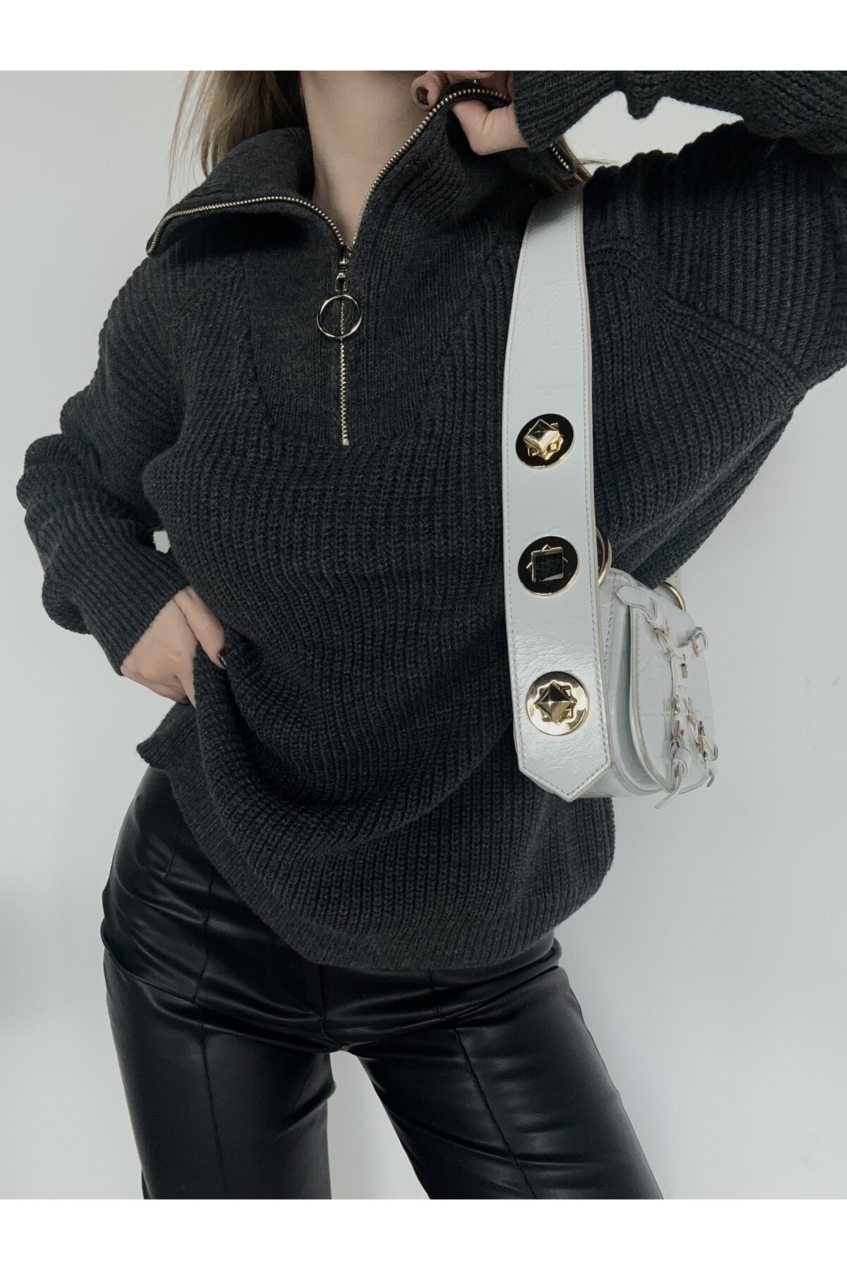 Kadın Gri Selanik Fermuarlı Kazak