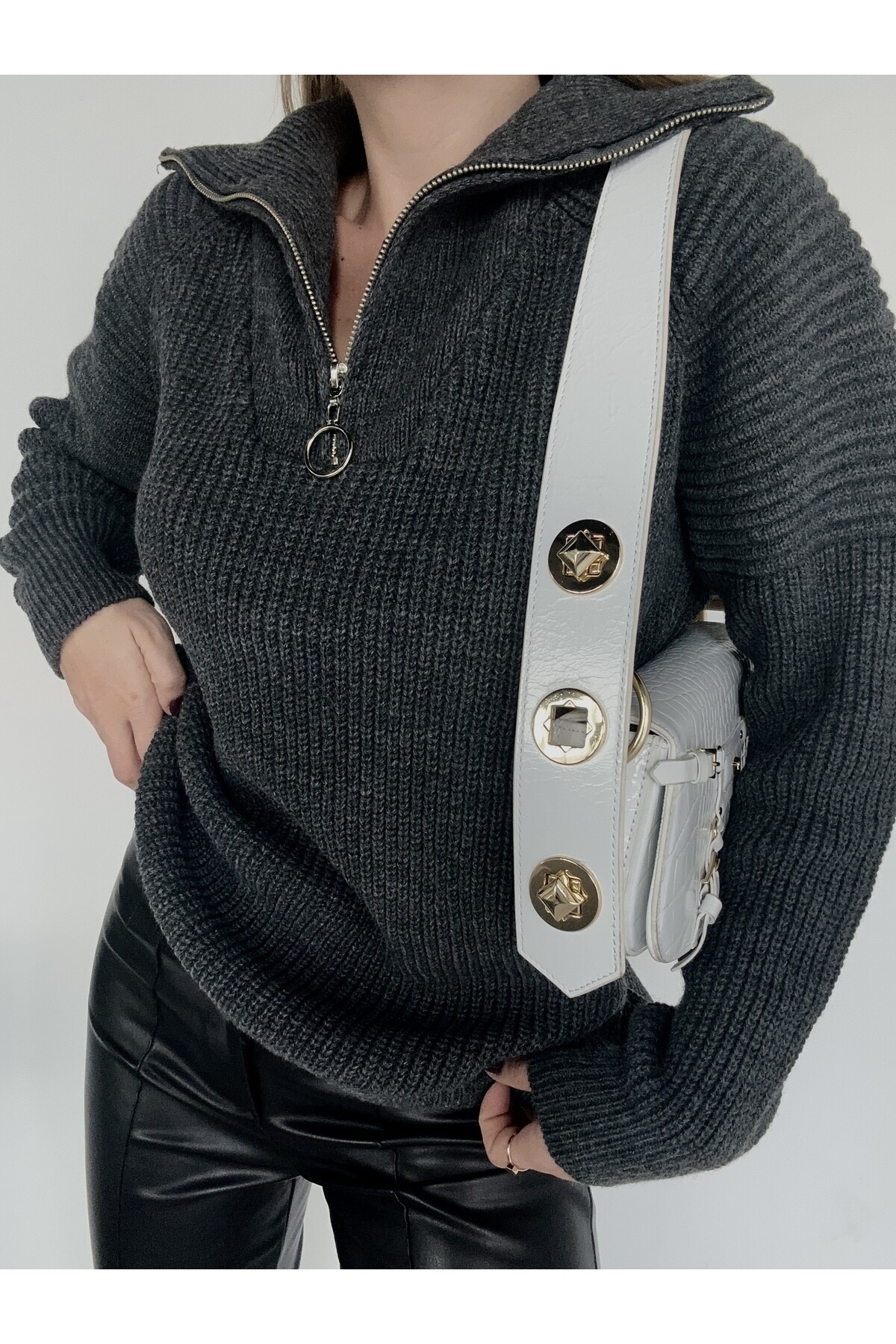 Kadın Gri Selanik Fermuarlı Kazak