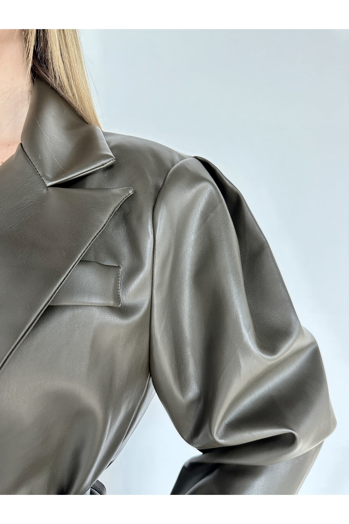 Kadın Haki Yeşil Kemer Detaylı Deri Astarlı Blazer Ceket  Haki Yeşil