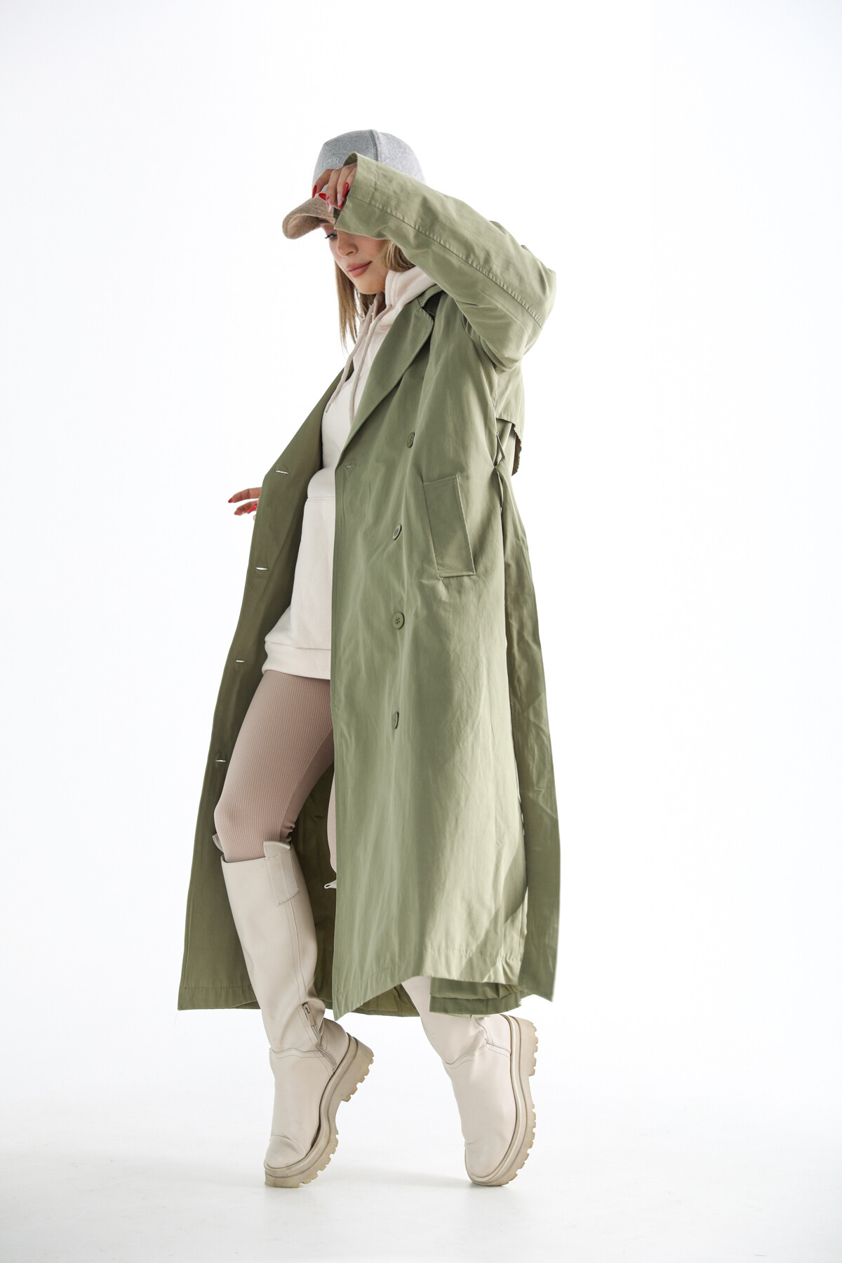 Kadın Haki Yeşil Kuşaklı İçi Astarlı Cepli Trençkot Haki