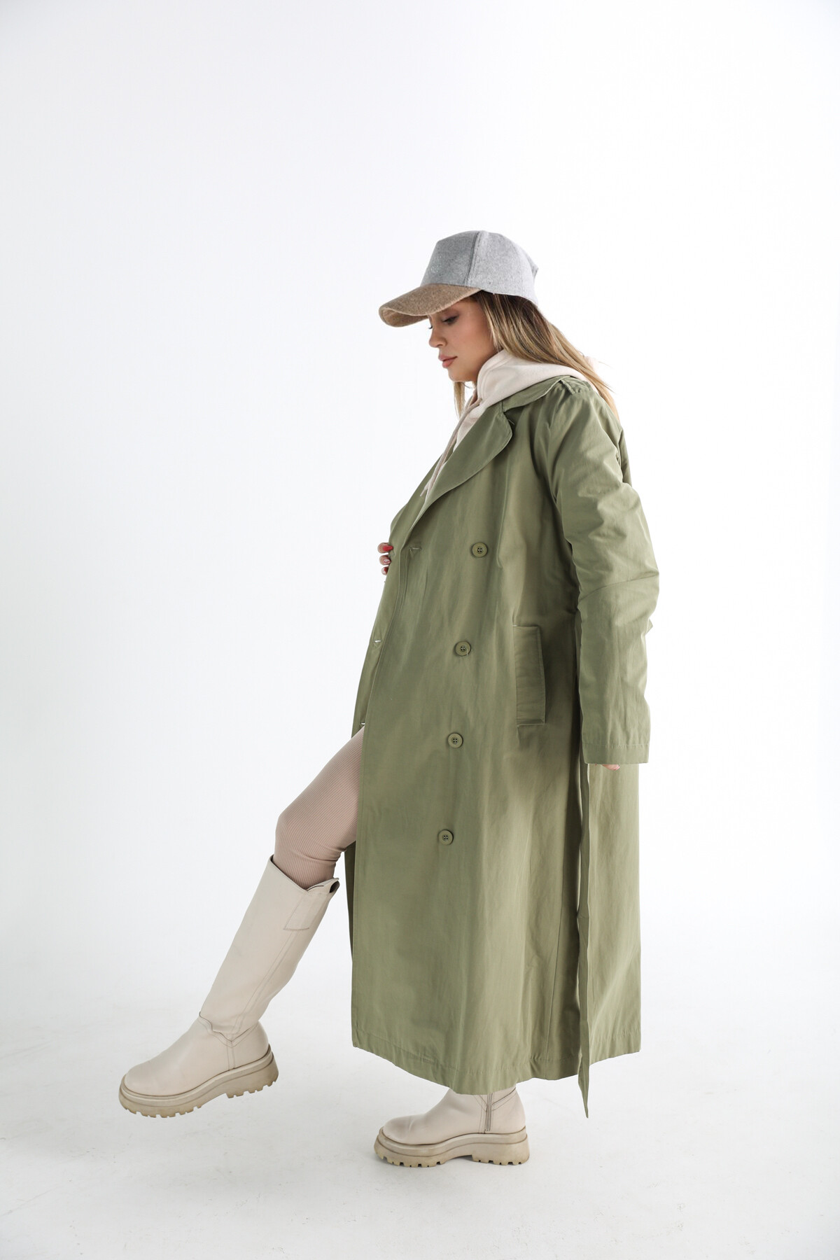 Kadın Haki Yeşil Kuşaklı İçi Astarlı Cepli Trençkot Haki