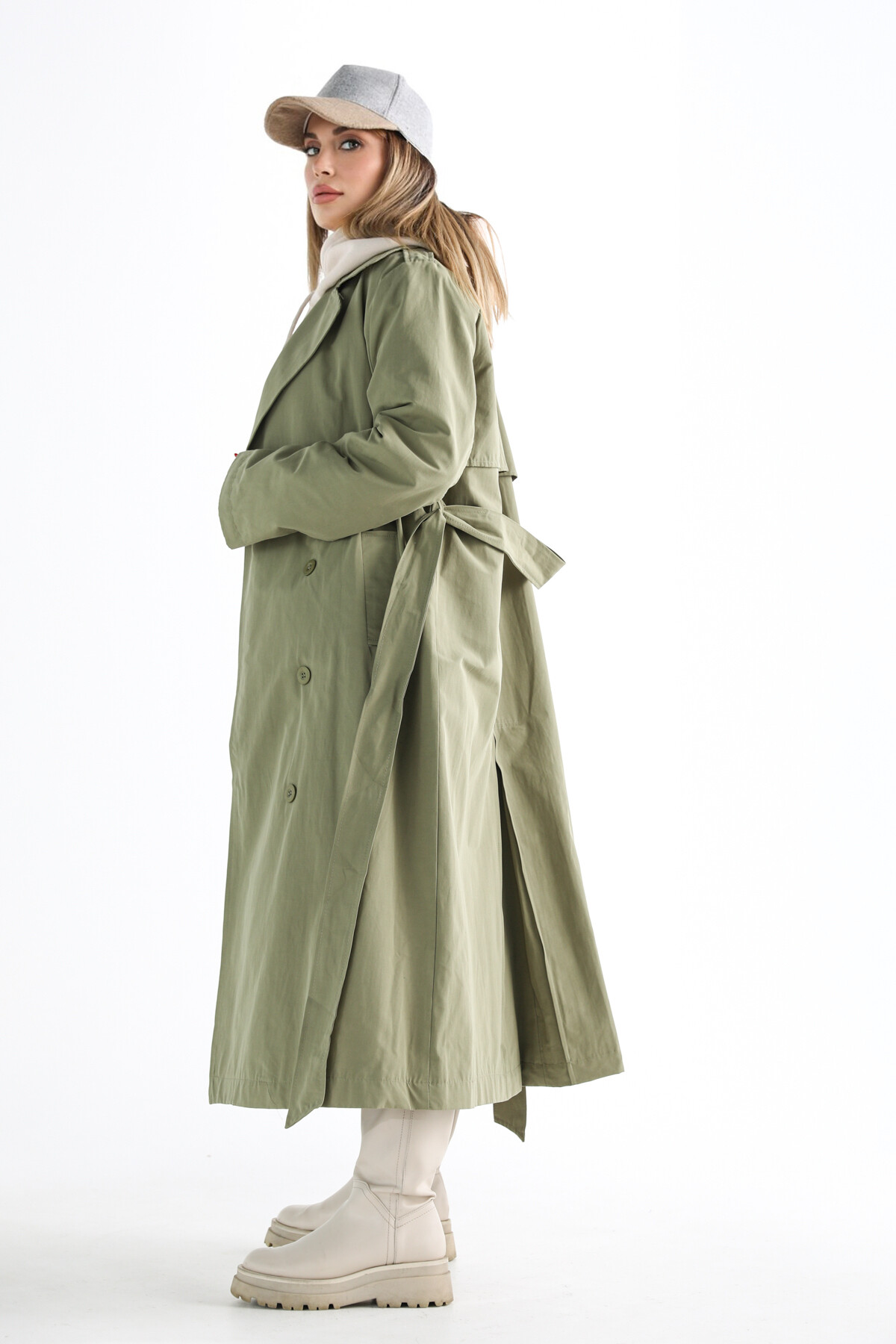 Kadın Haki Yeşil Kuşaklı İçi Astarlı Cepli Trençkot Haki