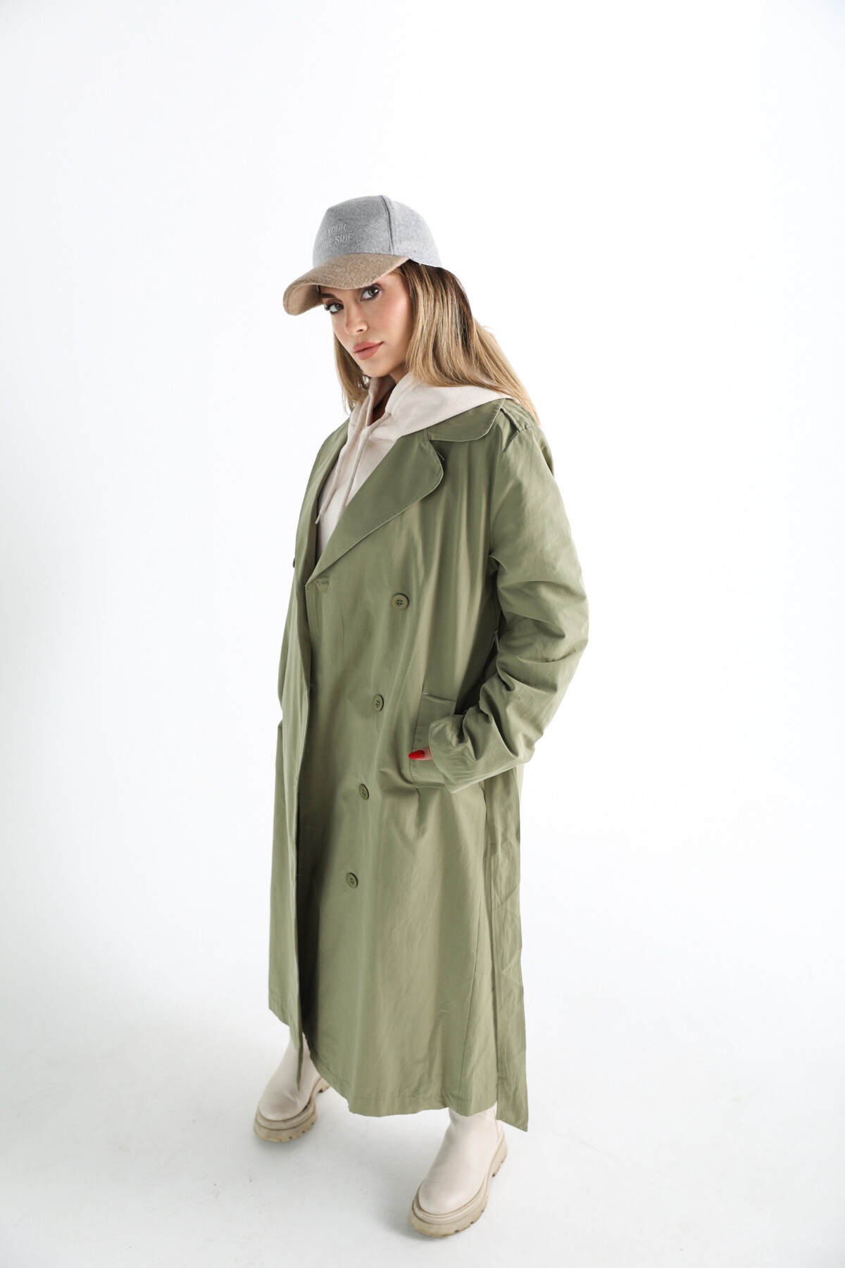 Kadın Haki Yeşil Kuşaklı İçi Astarlı Cepli Trençkot Haki
