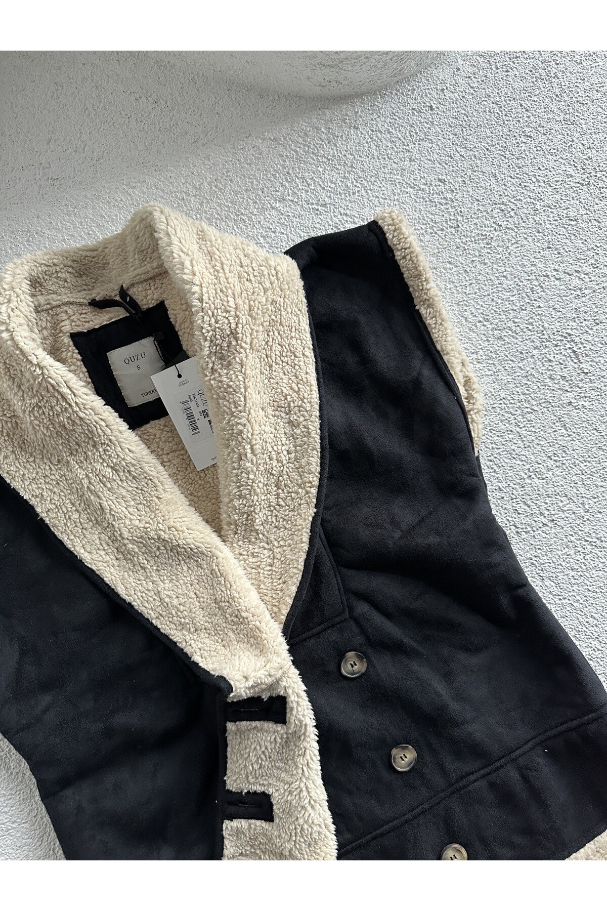 Kadın İçi Ful Kürklü Kruvaze Düğmeli Nubuk Yelek  Siyah