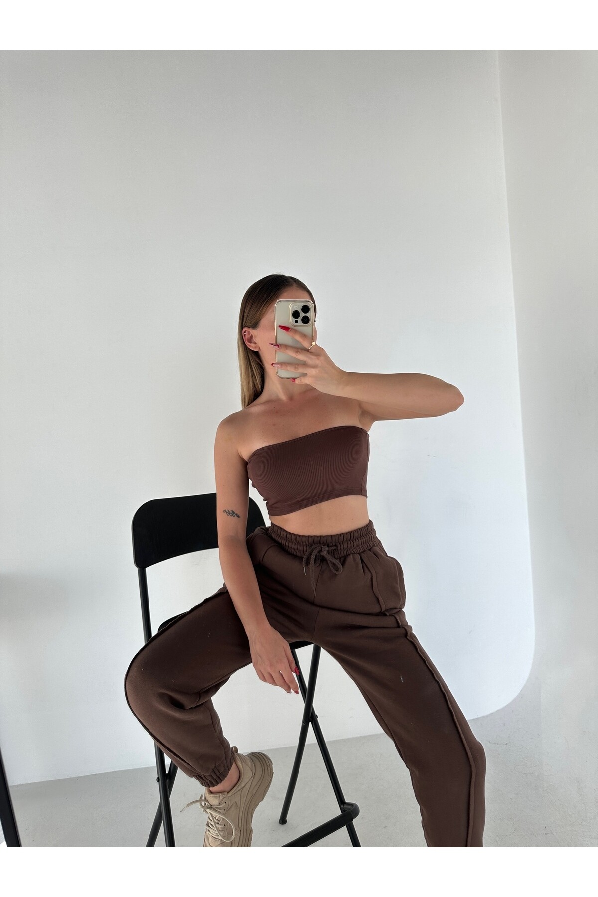 Kadın Kahverengi 3 İplik Şardonlu Yüksek Bel Lastikli Eşofman Altı  Kahverengi
