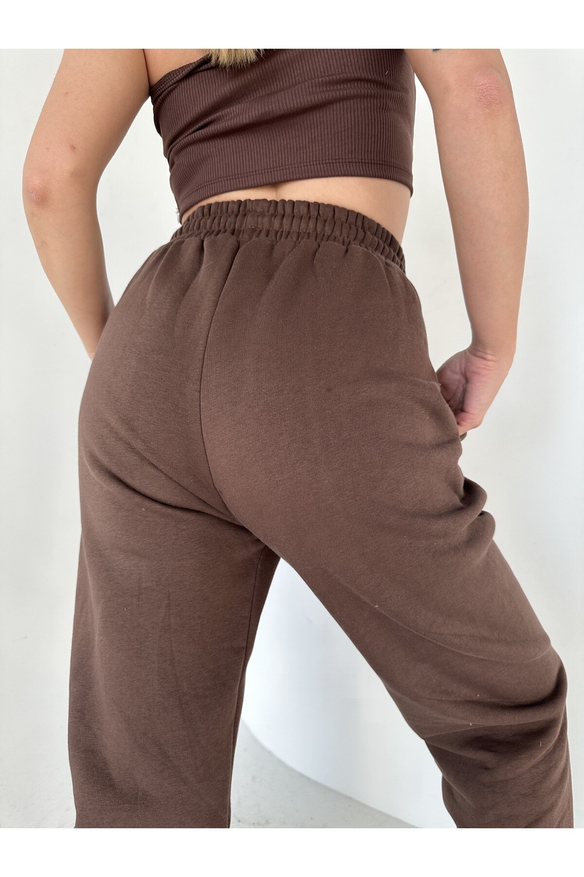 Kadın Kahverengi 3 İplik Şardonlu Yüksek Bel Lastikli Eşofman Altı  Kahverengi