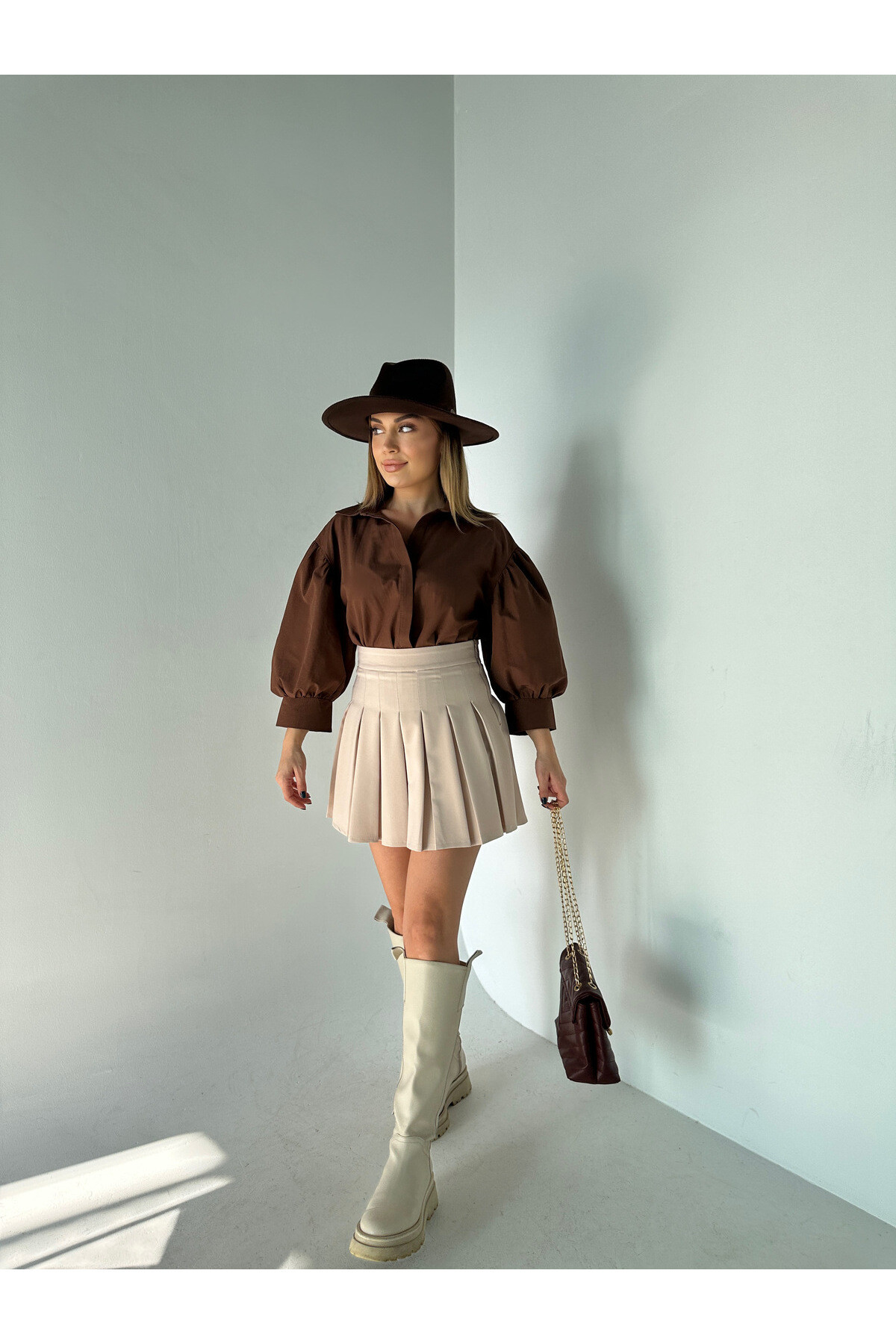 Kadın Kahverengi Balon Kol %100 Cotton Poplin Gömlek