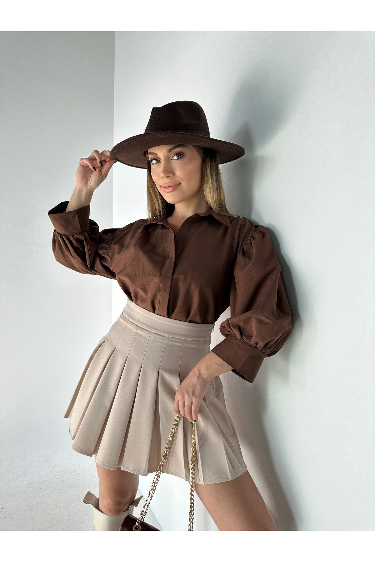 Kadın Kahverengi Balon Kol %100 Cotton Poplin Gömlek