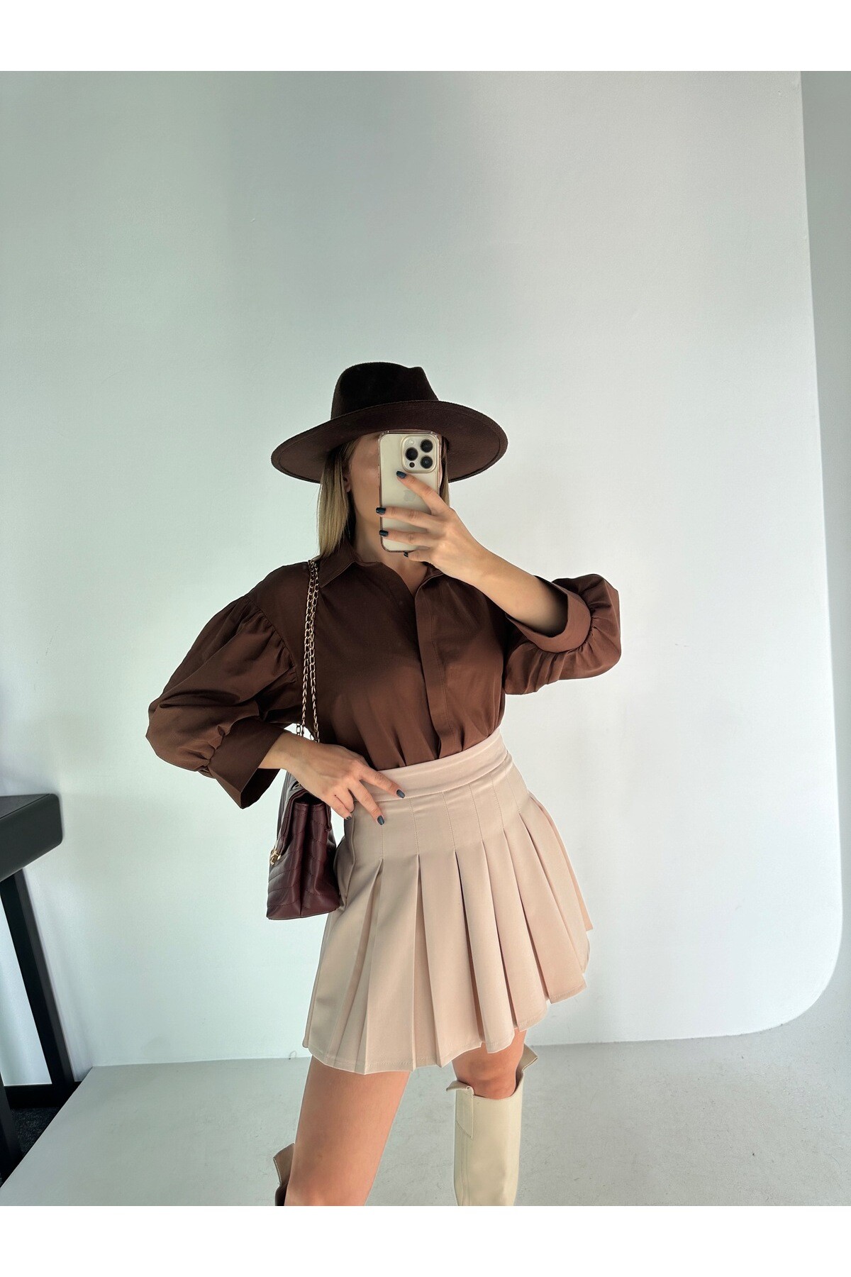 Kadın Kahverengi Balon Kol %100 Cotton Poplin Gömlek