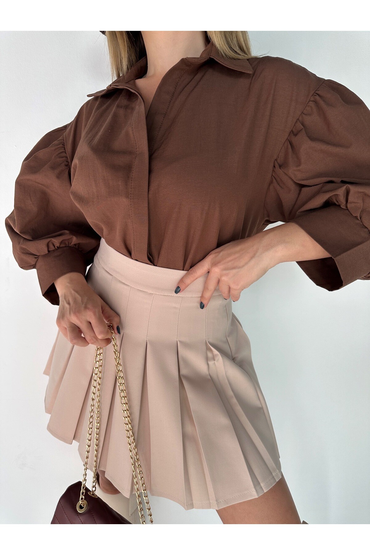 Kadın Kahverengi Balon Kol %100 Cotton Poplin Gömlek