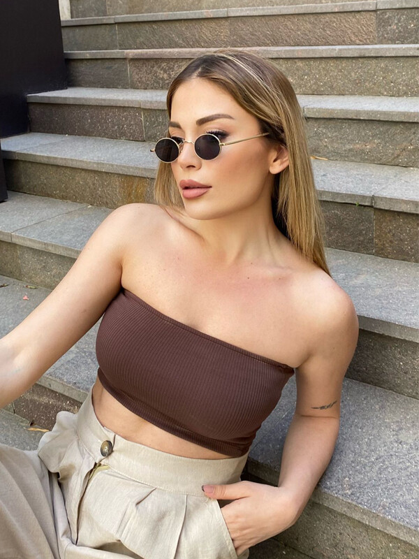 Kadın Kahverengi Straplez Fitilli Bluz 