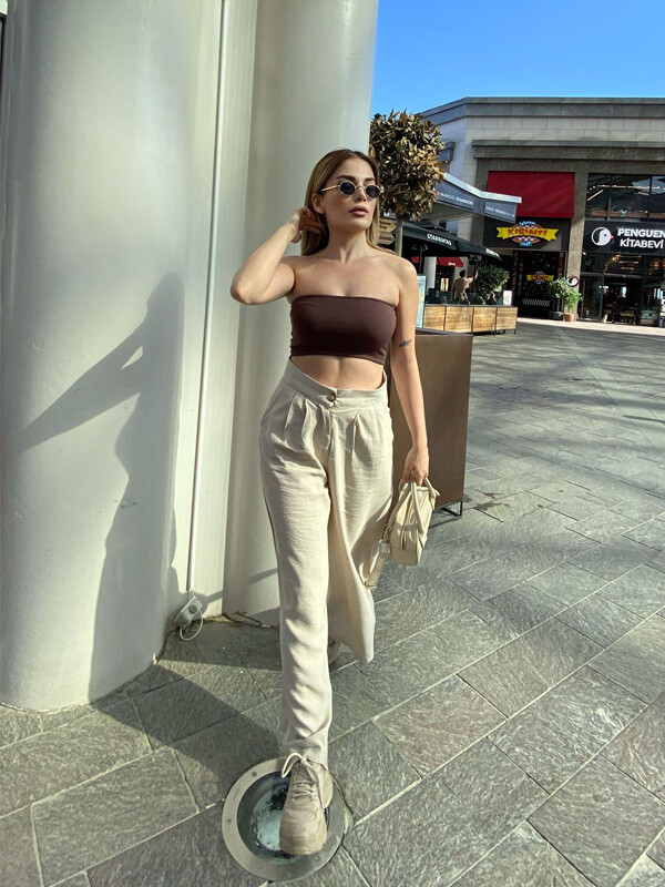 Kadın Kahverengi Straplez Fitilli Bluz 