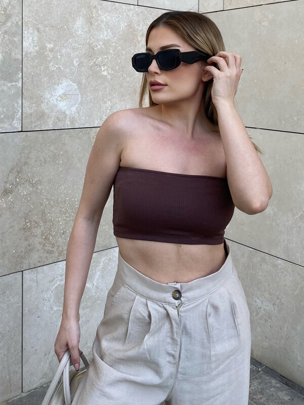 Kadın Kahverengi Straplez Fitilli Bluz 