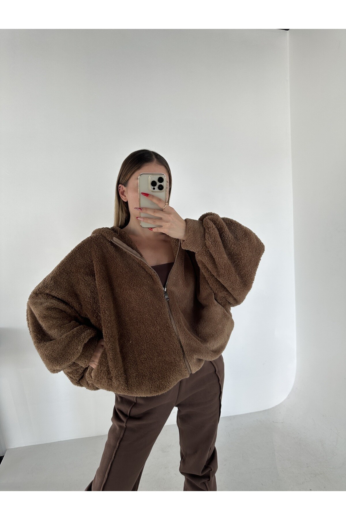 Kadın Kahverengi Yarasa Kol Overize Teddy Peluş Kapüşonlu Sweat  Kahverengi