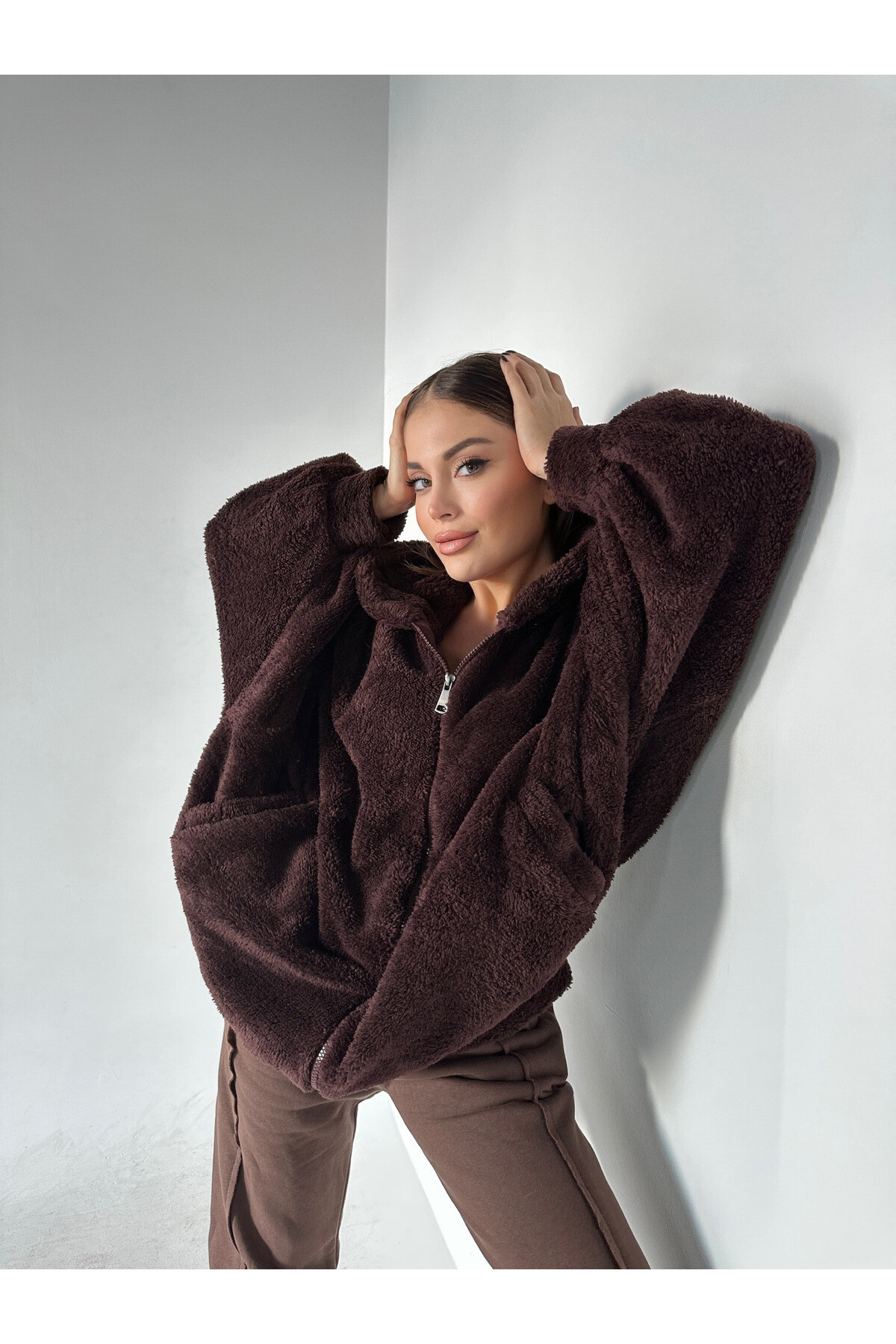 Kadın Kahverengi Yarasa Kol Overize Teddy Peluş Kapüşonlu Sweat Açık Kahve