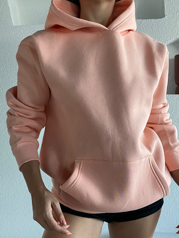 Kadın Kapüşonlu 3 İplik Kanguru Cep Şardonlu Beli Lastikli Sweatshirt Somon