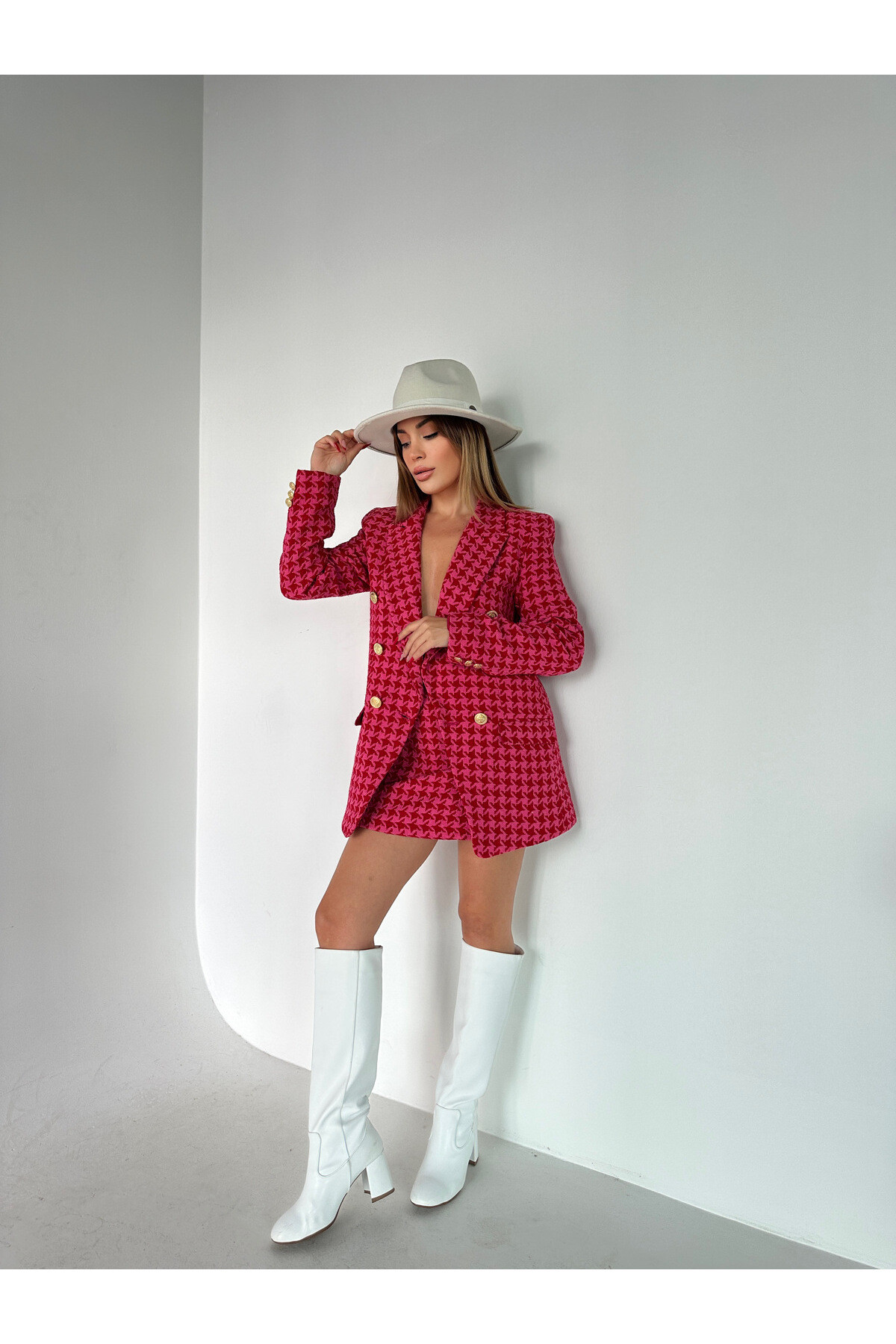 Kadın Kaz Ayağı Desenli Gold Düğme Detay Astarlı Blazer Ceket Etek Takım  Kırmızı